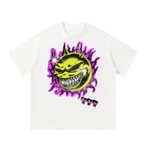 White t-shirt with a yellow and pink graphic design on a white background